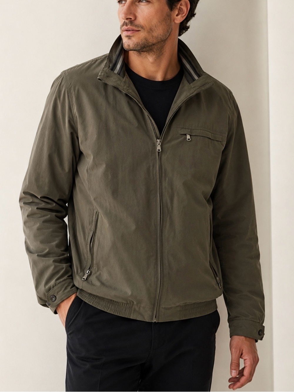 Men's Olive Zip-Front Casual Britches Jacket
